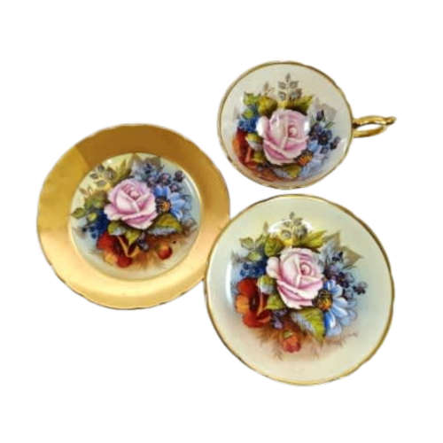 Aynsley J.A. Bailey Cabbage Rose Gold Ribbed Hand Painted Teacup & Saucer Trio Set