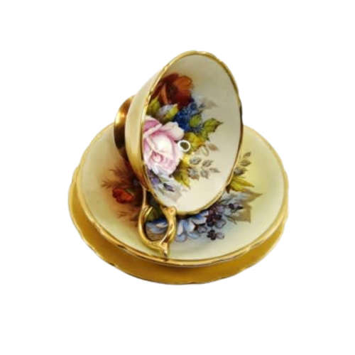 Aynsley J.A. Bailey Cabbage Rose Gold Ribbed Hand Painted Teacup & Saucer Trio Set