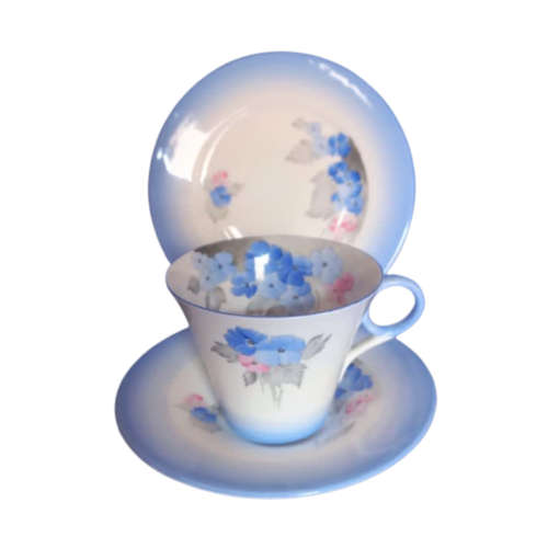 Shelley China Tea Trio, Blue Phlox, Regent Shaped Cup, Ring Handle,Art Deco