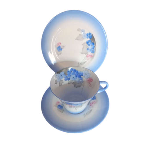 Shelley China Tea Trio, Blue Phlox, Regent Shaped Cup, Ring Handle,Art Deco