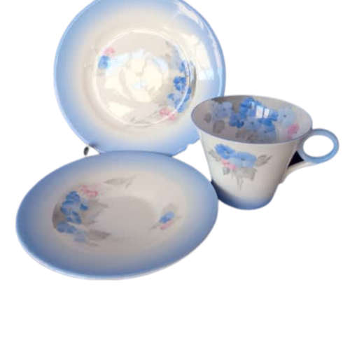 Shelley China Tea Trio, Blue Phlox, Regent Shaped Cup, Ring Handle,Art Deco