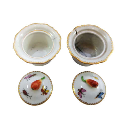 Antique lidded pots showcase charming motifs, including ladybird and butterflies