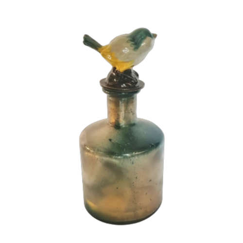 Vintage Glass Bottle With Enamel Bird Bottle Stopper