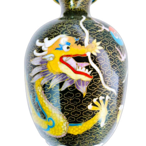 Large Chinese Cloisonne Black Vase With Striking Dragon Design