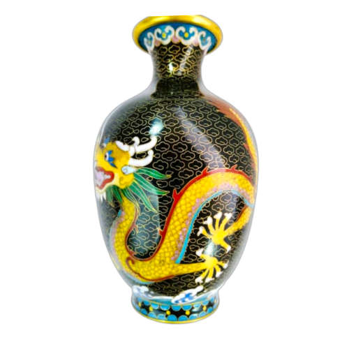 Large Chinese Cloisonne Black Vase With Striking Dragon Design