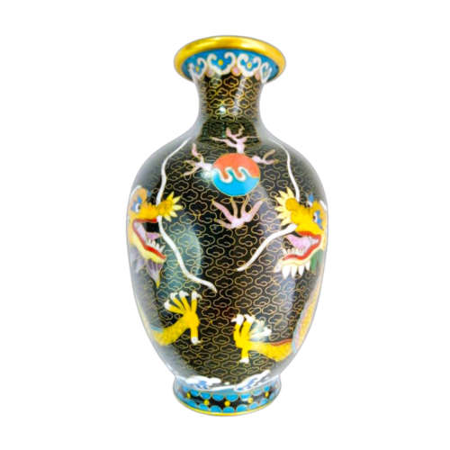 Large Chinese Cloisonne Black Vase With Striking Dragon Design