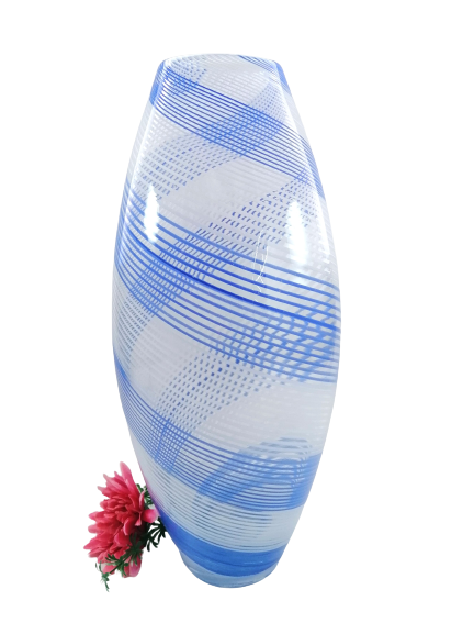 Striking large tall blown glass vase with delicate blue and white stripes
