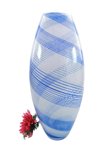 Striking large tall blown glass vase with delicate blue and white stripes