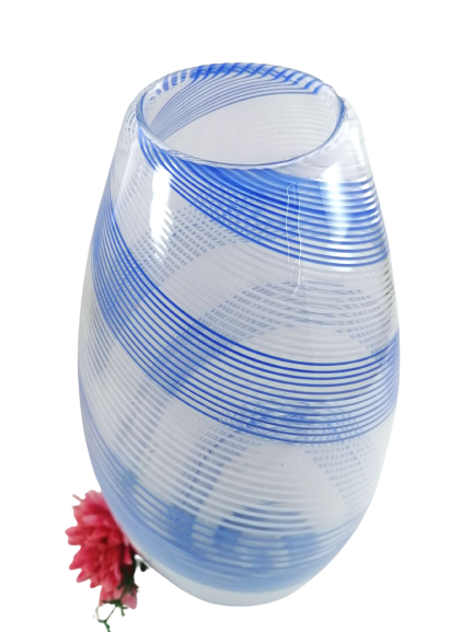 Striking large tall blown glass vase with delicate blue and white stripes
