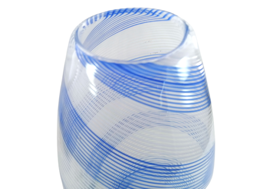 Striking large tall blown glass vase with delicate blue and white stripes