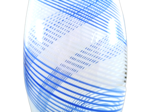Striking large tall blown glass vase with delicate blue and white stripes