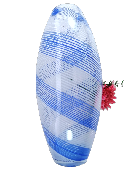 Striking large tall blown glass vase with delicate blue and white stripes
