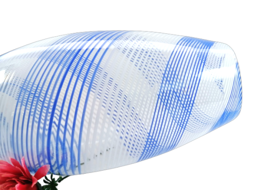 Striking large tall blown glass vase with delicate blue and white stripes
