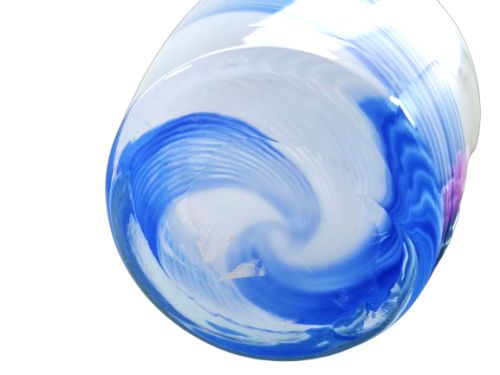 Striking large tall blown glass vase with delicate blue and white stripes