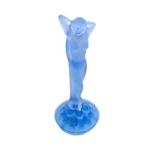 Art Deco Pressed Glass Ice Blue Satin Seated Maiden Flower Frog Statue