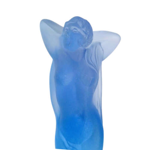 Art Deco Pressed Glass Ice Blue Satin Seated Maiden Flower Frog Statue