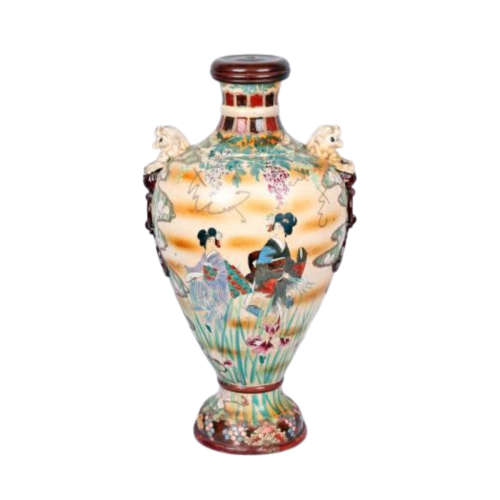 Large Japanese Satsuma Two-Handled Vase Depicting Geisha, Warriors And Irises