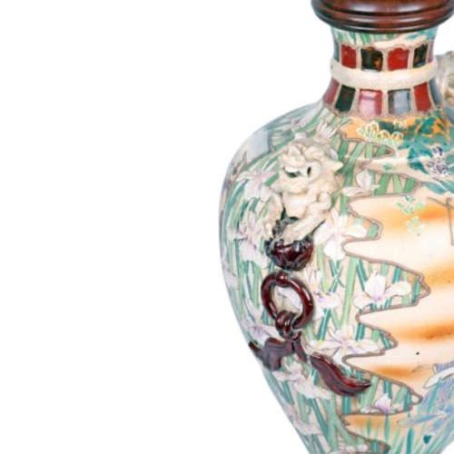 Large Japanese Satsuma Two-Handled Vase Depicting Geisha, Warriors And Irises
