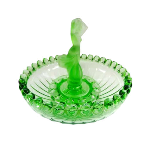 Art Deco Clear And Frosted Green Depression Glass Float Bowl With Frog