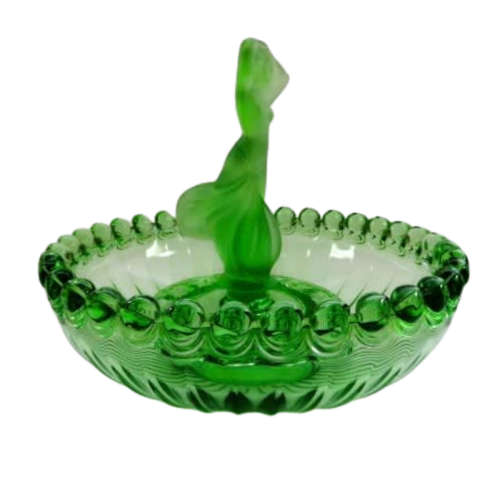 Art Deco Clear And Frosted Green Depression Glass Float Bowl With Frog