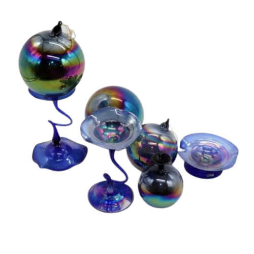 Seven Extremely Delicate Blue Iridescent Glass Wares, Including: Candle Holders, Vase, Bowl And Orbs