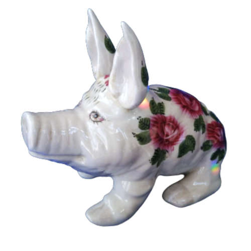 Wemyss Style Large Fat Sitting Pig Rose Design