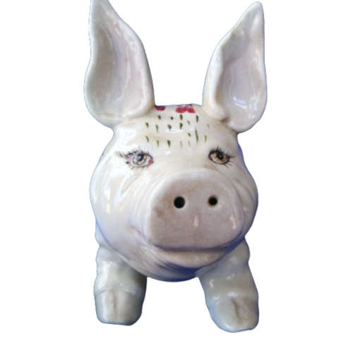 Wemyss Style Large Fat Sitting Pig Rose Design