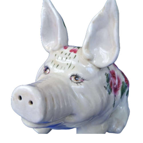 Wemyss Style Large Fat Sitting Pig Rose Design