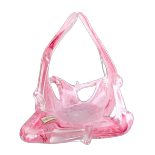 Murano Style Mottled Pink, White And Clear Glass Basket Made In Italy