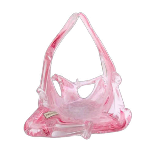 Murano Style Mottled Pink, White And Clear Glass Basket Made In Italy