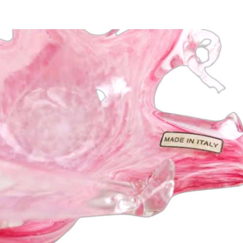 Murano Style Mottled Pink, White And Clear Glass Basket Made In Italy
