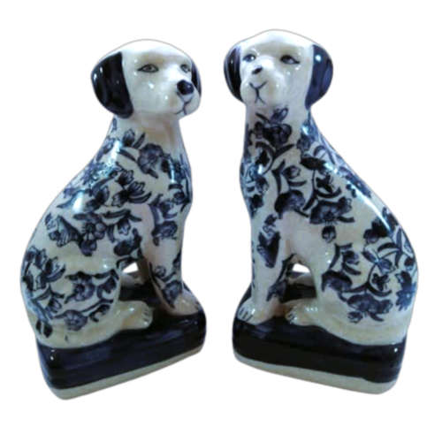 Pair Of Blue And White Porcelain Dog Craquelure Wares Mantle Bookends