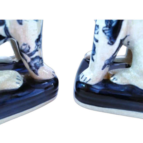 Pair Of Blue And White Porcelain Dog Craquelure Wares Mantle Bookends