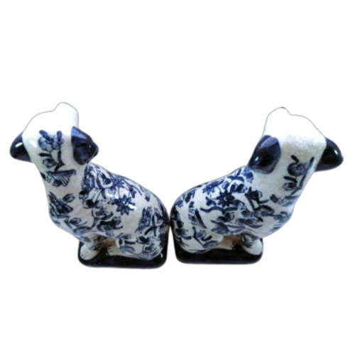 Pair Of Blue And White Porcelain Dog Craquelure Wares Mantle Bookends