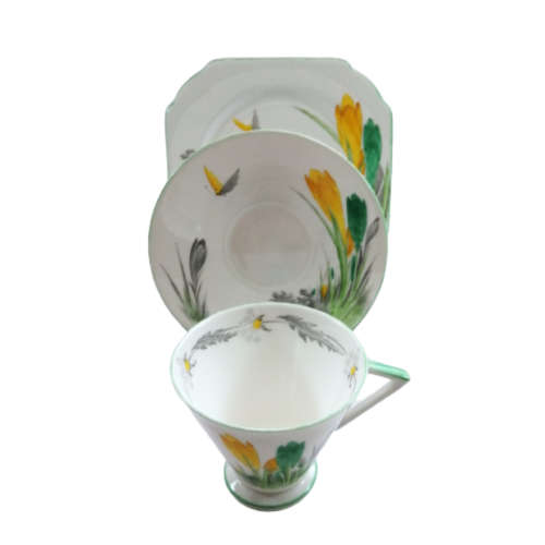 Shelley Yellow Crocus W11983 Eve Shaped Coffee Cup And Saucer - Plate Trio Very Rare