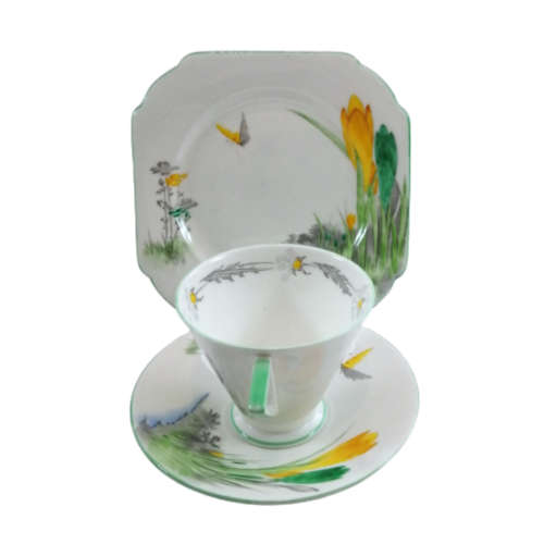 Shelley Yellow Crocus W11983 Eve Shaped Coffee Cup And Saucer - Plate Trio Very Rare