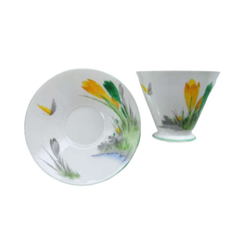 Shelley Yellow Crocus W11983 Eve Shaped Coffee Cup And Saucer - Plate Trio Very Rare