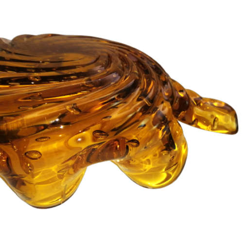 Murano Large Hand Blown Glass Amber with Bubbles Leaf Shaped Bowl