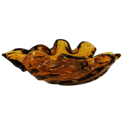 Murano Large Hand Blown Glass Amber with Bubbles Leaf Shaped Bowl