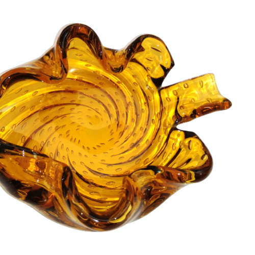 Murano Large Hand Blown Glass Amber with Bubbles Leaf Shaped Bowl