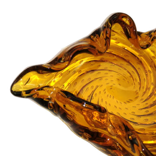 Murano Large Hand Blown Glass Amber with Bubbles Leaf Shaped Bowl