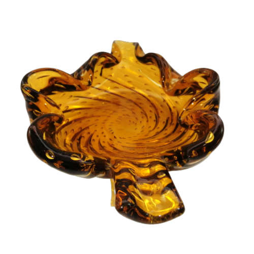 Murano Large Hand Blown Glass Amber with Bubbles Leaf Shaped Bowl