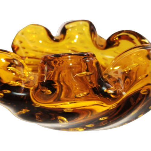 Murano Large Hand Blown Glass Amber with Bubbles Leaf Shaped Bowl