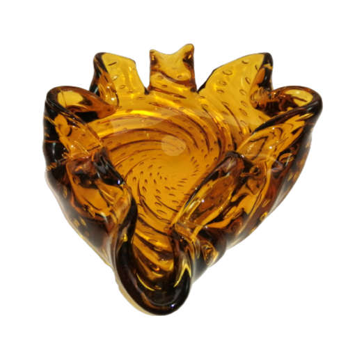 Murano Large Hand Blown Glass Amber with Bubbles Leaf Shaped Bowl