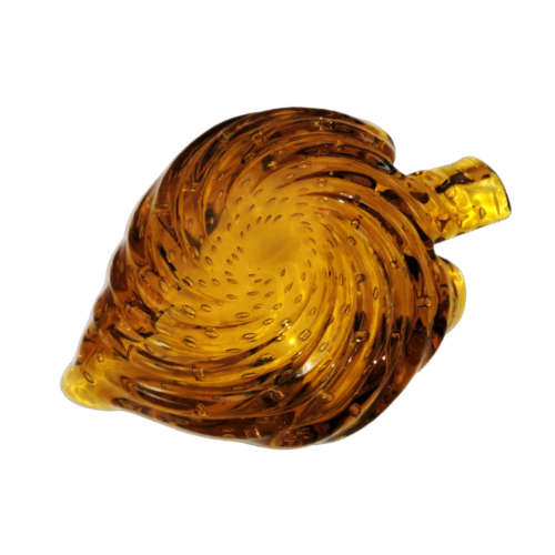 Murano Large Hand Blown Glass Amber with Bubbles Leaf Shaped Bowl