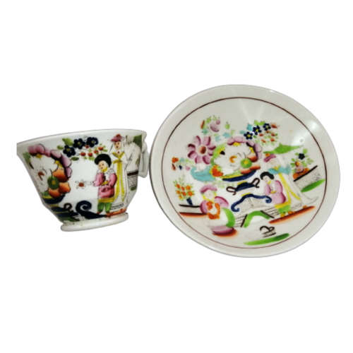 Georgian Hilditch & Son Chinoiserie Porcelain Tea Bowl and Saucer Duo