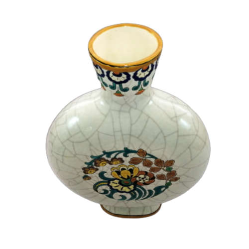 Longwy France Art Deco Cloisonne white craquelure moon flask shape