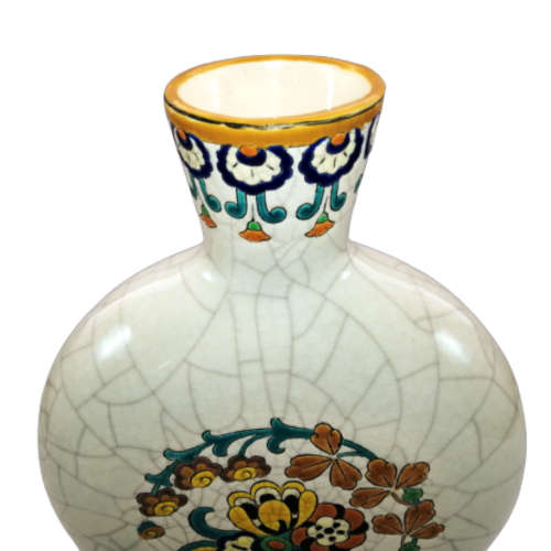 Longwy France Art Deco Cloisonne white craquelure moon flask shape