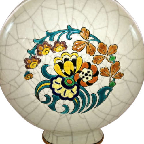 Longwy France Art Deco Cloisonne white craquelure moon flask shape