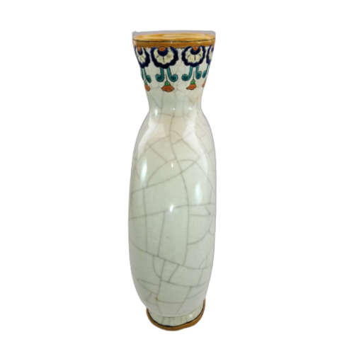 Longwy France Art Deco Cloisonne white craquelure moon flask shape